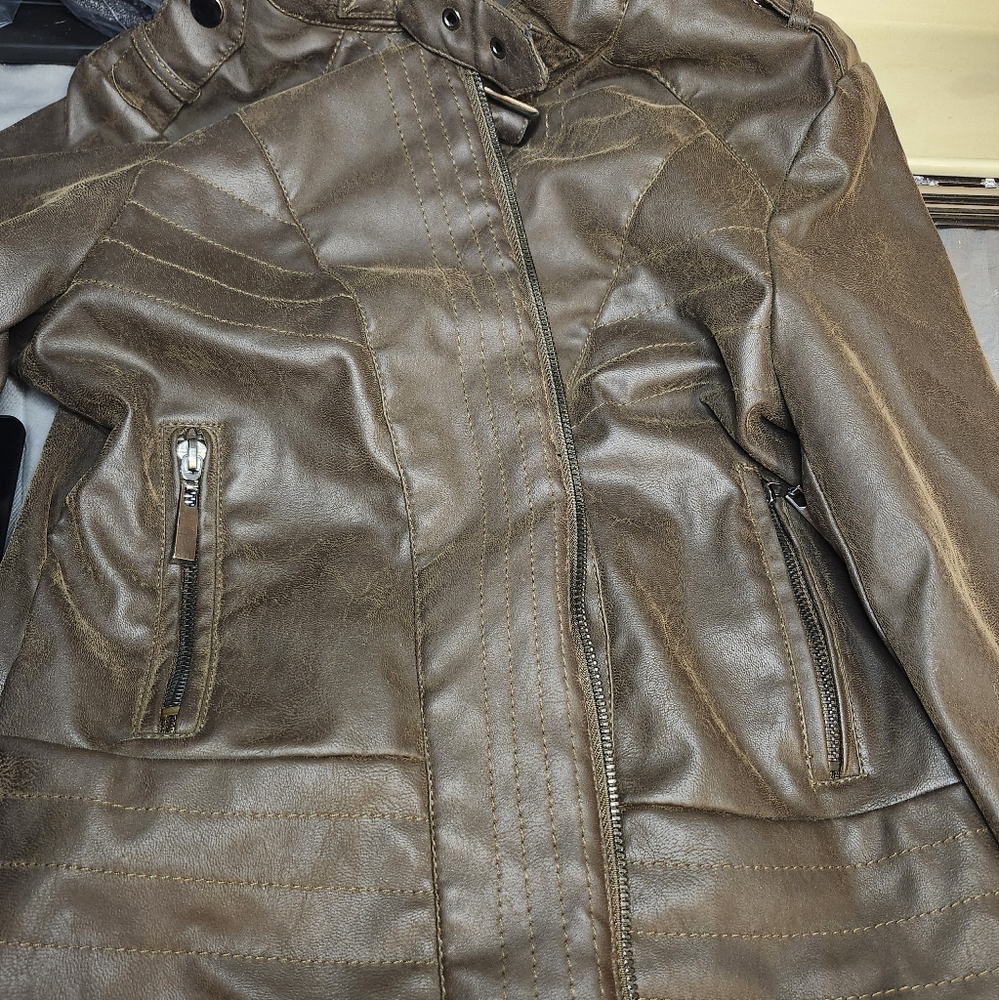 J2 Dark Brown Faux Leather Jacket Buckle Neck Full Zipper Closures Size S